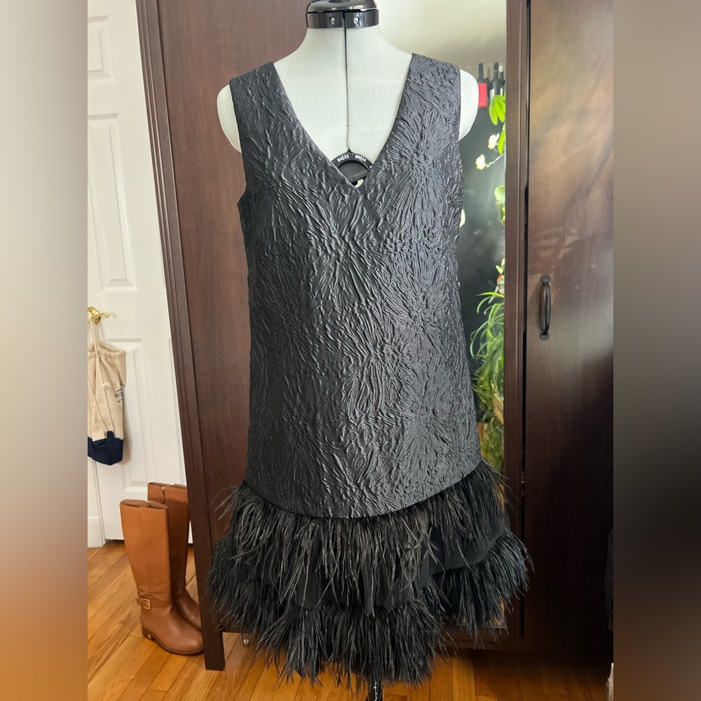 BCBG Maxazria Jamysen brocade ostrich feather trimmed A-line cocktail dress
